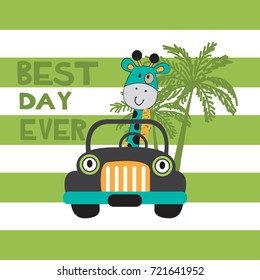 cute giraffe by car vector illustration
