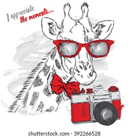 Cute giraffe with a camera. Vector illustration.