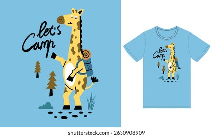 Cute giraffe camp illustration with tshirt design premium vector the Concept of Isolated Technology. Flat Cartoon Style Suitable for Landing Web Pages,T shirt, Flyers, Stickers