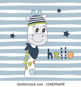 cute giraffe in cap on striped background vector illustration, T-shirt garphic design for kids