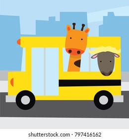 Cute giraffe in a car and airplane. Cute animal in transportation vehicle set.
