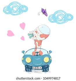 Cute giraffe in car cartoon hand drawn vector illustration. Can be used for baby t-shirts printing, fashion print design, baby clothes, baby shower, holiday greeting and invitations.