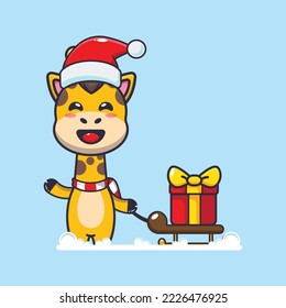 Cute giraffe carrying christmas gift box. Cute christmas cartoon illustration. 