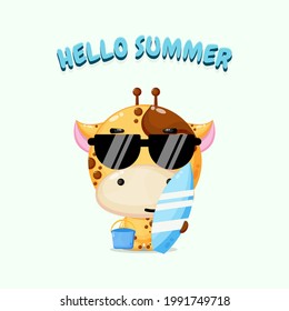 Cute giraffe carrying surfboard with summer greetings
