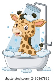 Cute Giraffe Cartoon Bathing In Bathtub. Animal Nature Icon Concept Isolated Premium Vector. Vector Illustration