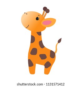 Cute giraffe cartoon character, flat style drawing funny zoo animal friendly smile. Vector kawaii illustration isolated on white background, for kids app, game, book, clothing print, educational card.