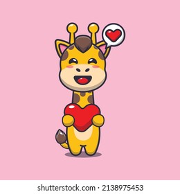 cute giraffe cartoon character holding love heart