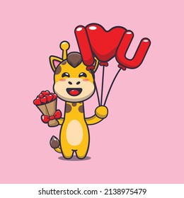 cute giraffe cartoon character holding love balloon and love flowers
