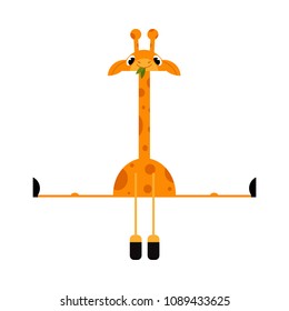 Cute giraffe cartoon character with long neck doing splits isolated on white background. Funny comic yellow african animal with spots spreads his legs in different directions. Vector illustration.