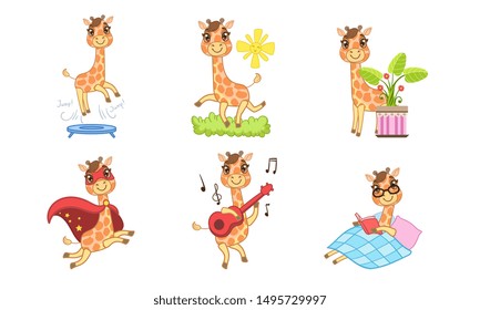 Cute Giraffe Cartoon Character Set, Adorable Cheerful Animal in Different Situations Vector Illustration