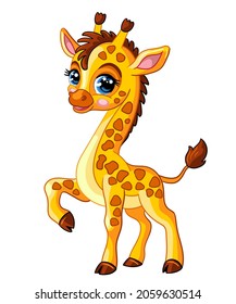 Cute giraffe. Cartoon giraffe character. Vector isolated illustration. Funny animal. For greeting cards, posters, design, stickers, decor and kids apparel