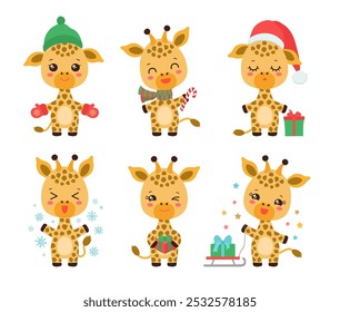 Cute giraffe cartoon character winter animal. Christmas theme kawaii baby giraffe calf vector illustration. Adorable safari character kids mascot. Holiday children fun doodle flat design.