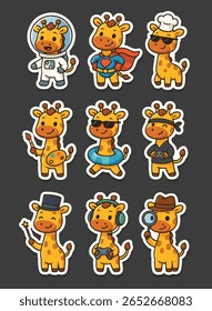 Personagens de desenhos animados Girafa bonito em várias profissões e passatempos etiqueta Pack ilustração