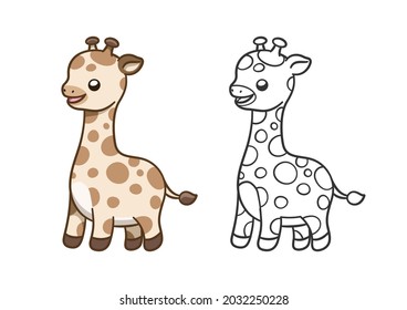 Cute giraffe cartoon clipart vector illustration colored and outline set. African woodland animal African woodland animal easy coloring book page for kids and children.