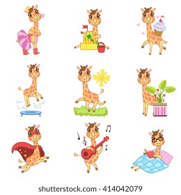 Cute Giraffe Cartoon Collection Of Outlined Illustrations In Cute Girly Cartoon Style Isolated On White Background