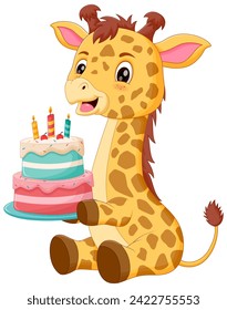 Cute Giraffe Cartoon Holding Birthday Cake Vector Illustration. Animal Nature Icon Concept Isolated Premium Vector