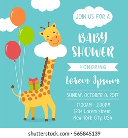 Cute Giraffe Cartoon Illustration For Baby Shower Invitation Card Design Template