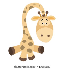 Cute giraffe cartoon isolated on white background. Vector illustration of a giraffe. Wild mammal safari giraffe slim neck zoo animal. Vector giraffe savanna portrait wilderness  horned animal.