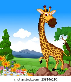 Cute giraffe cartoon in the jungle