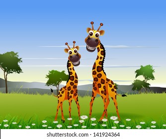 cute giraffe cartoon with landscape background