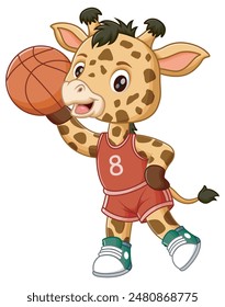 Cute Giraffe Cartoon Playing Basketball. Animal Nature Icon Concept Isolated Premium Vector. Vector Illustration