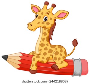 Cute Giraffe Cartoon Riding a Flying Pencil Vector Illustration. Animal Education Icon Concept