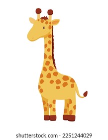 Cute giraffe in cartoon style. Drawing african baby wild animal isolated on white background. Vector sweet giraffe for kids poster and card. Jungle safari animal