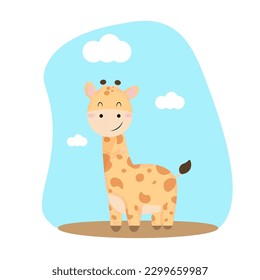 cute giraffe cartoon. Vector illustration isolated on sky background with clouds.