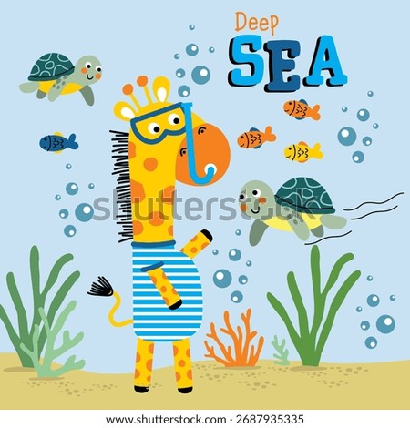 Cute giraffe cartoon wearing diving mask swimming underwater with turtles and fishes in playful kids illustration. Marine life concept
