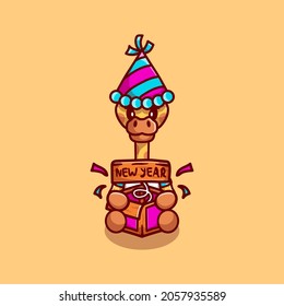 cute giraffe celebrates new year with joke surprise box, suitable for cute animal new year t-shirts or mascot designs