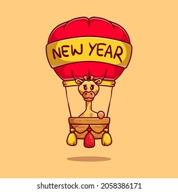 cute giraffe celebrates new year on hot air balloon, suitable for t-shirt designs or mascots celebrating the new year