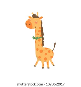 Cute giraffe character with green bow tie. Cartoon wild animal with long neck and spotted body. Colorful flat vector design for book or sticker. Zoo theme