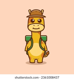 Cute Giraffe Character Mountain Bag And Hat Cartoon Vector Illustration.