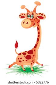 cute giraffe character runs on the grass and bounces, fun, childhood, vector illustration