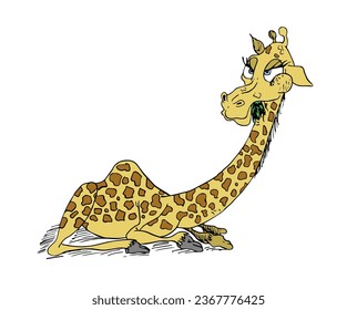 Cute giraffe Figur sitzend auf dem Boden und essen Gras. Farbige Vektorgrafik im Cartoon-Stil, einzeln auf weißem Hintergrund.
