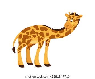 Cute giraffe character. Tall spotted mammal. African fauna and wild life. Zoology and biology. Graphic element for website. Cartoon flat vector illustration isolated on white background