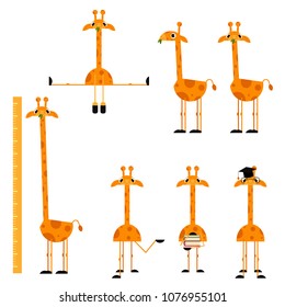 Cute giraffe characters set. Funny animals with long neck jumping, holding textbooks, standing in graduation cap, height scale, eating grass. Vector cartoon illustration isolated