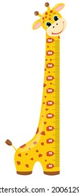 Cute giraffe. Cheerful funny giraffe with long neck. Giraffe meter wall or height chart or wall sticker. Illustration with scale on white background.