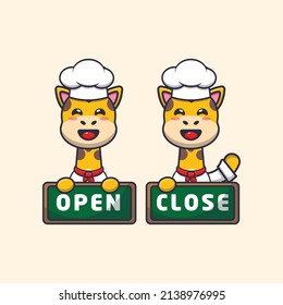 cute giraffe chef mascot cartoon character with open and close board