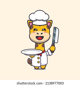 cute giraffe chef mascot cartoon character with knife and plate