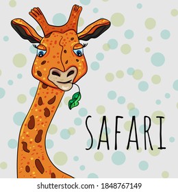 A cute giraffe chews a green leaf. Safari. Cartoon animal illustration 