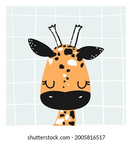Cute Giraffe. Kinderdesign für Postkarten, Plakate, Kinderzimmer, Kleidung. Skandinavischer Stil, Doodle, handgezeichnet. Vektorgrafik.