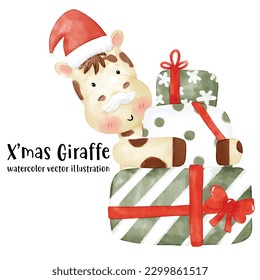 Cute Giraffe, Giraffe, Christmas, Christmas animal, watercolor, giraffe vector illustration