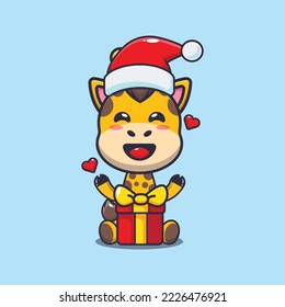 Cute giraffe  with christmas gift. Cute christmas cartoon illustration. 