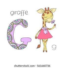 Cute giraffe with closed eyes in pink dress. Letter G of the kids alphabet with elements zen tangle, doodling style for children education. Vector illustration on white background