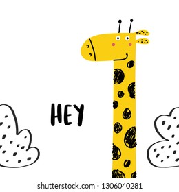 Cute giraffe in the clouds. Design for poster, card, bag and t-shirt, cover. Vector illustration.