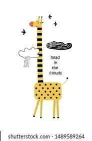 Cute giraffe in the clouds. Design for poster, card, bag and t-shirt, cover. Vector illustration. Flat style.