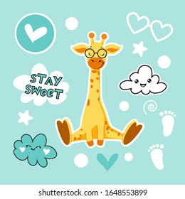 Cute giraffe and clouds on a blue background. Fashion patch badges collection for children