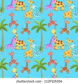 Cute giraffe with coconut tree seamless pattern
