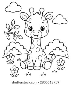 Cute Giraffe Coloring Page for Kids – Easy Baby Giraffe Printable Black and White